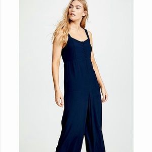 Madewell Smocked Button Front Jumpsuit, Navy Blue, Size 12, 100% Polyester